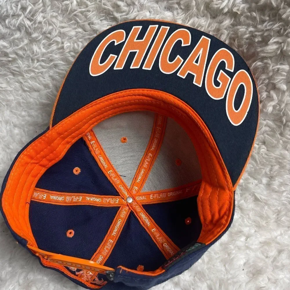 E-Flag Chicago snap back Navy Blue and orange cap adjustable back strap.
